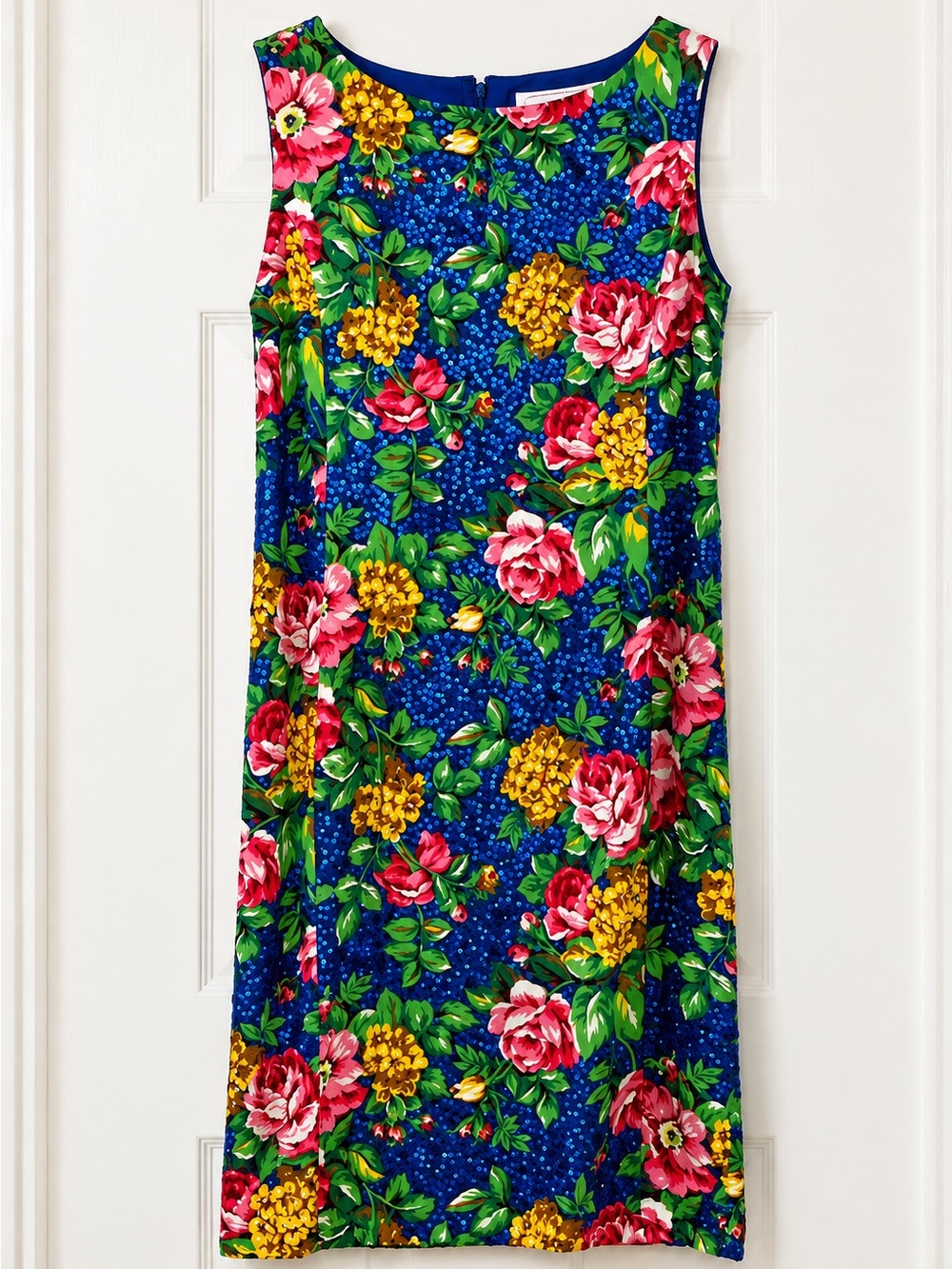 Adrienne Vittadini Floral Sleeveless Dress -Blue, Pink, Yellow. Size 10, sequins